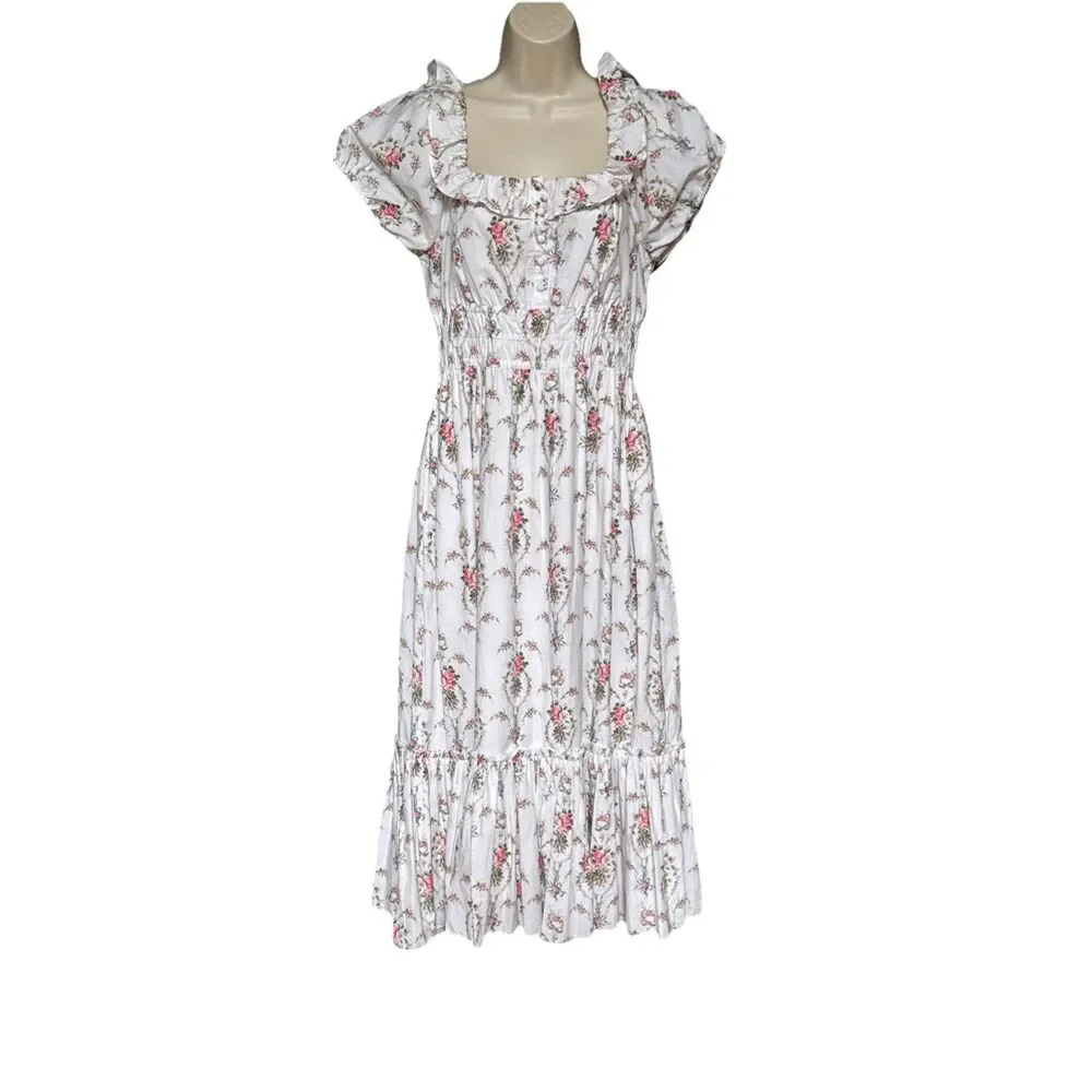 LoveShackFancy Terrence Dress M Vanilla Kisses Floral Smocked Puff Sleeve Maxi - Picture 5 of 16